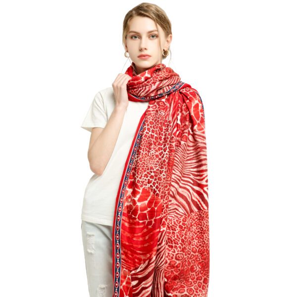 Stitching Little Leopard AW 19039 Model Red scaled Stitching Little Leopard Cashmere Feel Scarves - AW-19039-[920][498][80][0][0][200] SCARF.COM