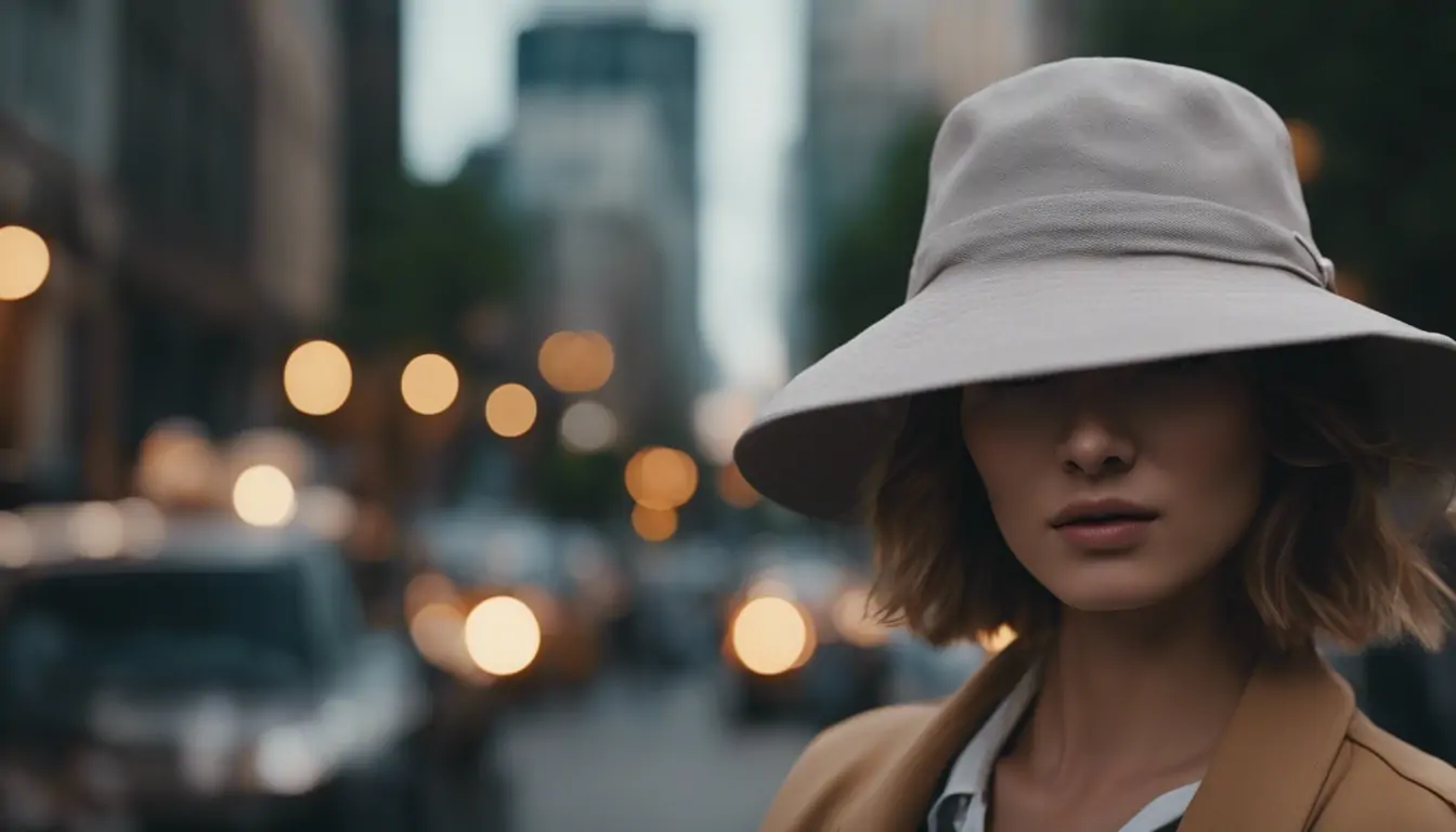 A-woman-wearing-cloth-Bucket-Hats-walks-down-the-street-Realistic-facial-pore-details