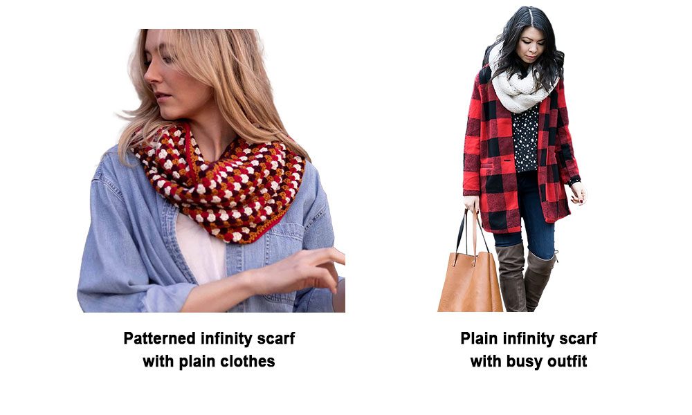 Patterned infinity scarf with plain clothes & Plain infinity scarf with busy outfit