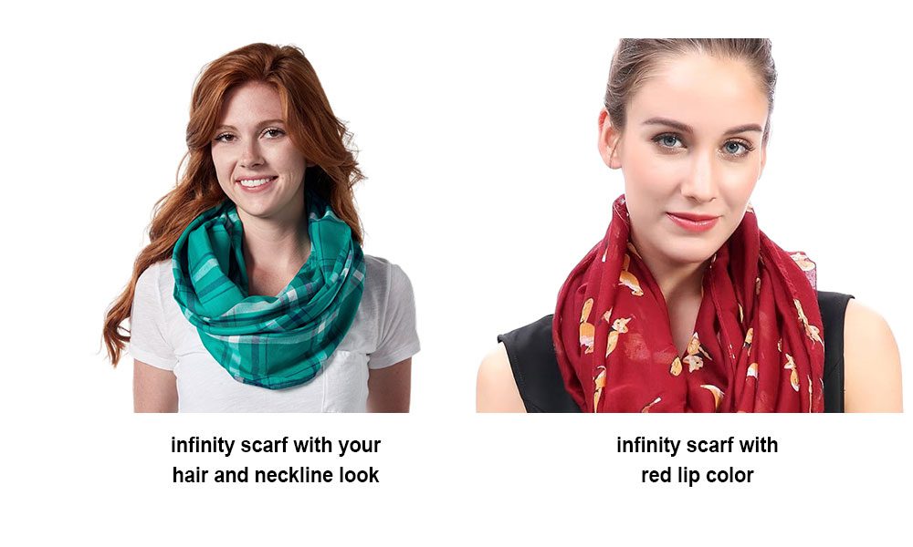 infinity scarf with your hair and neckline look & infinity scarf with red lip color 