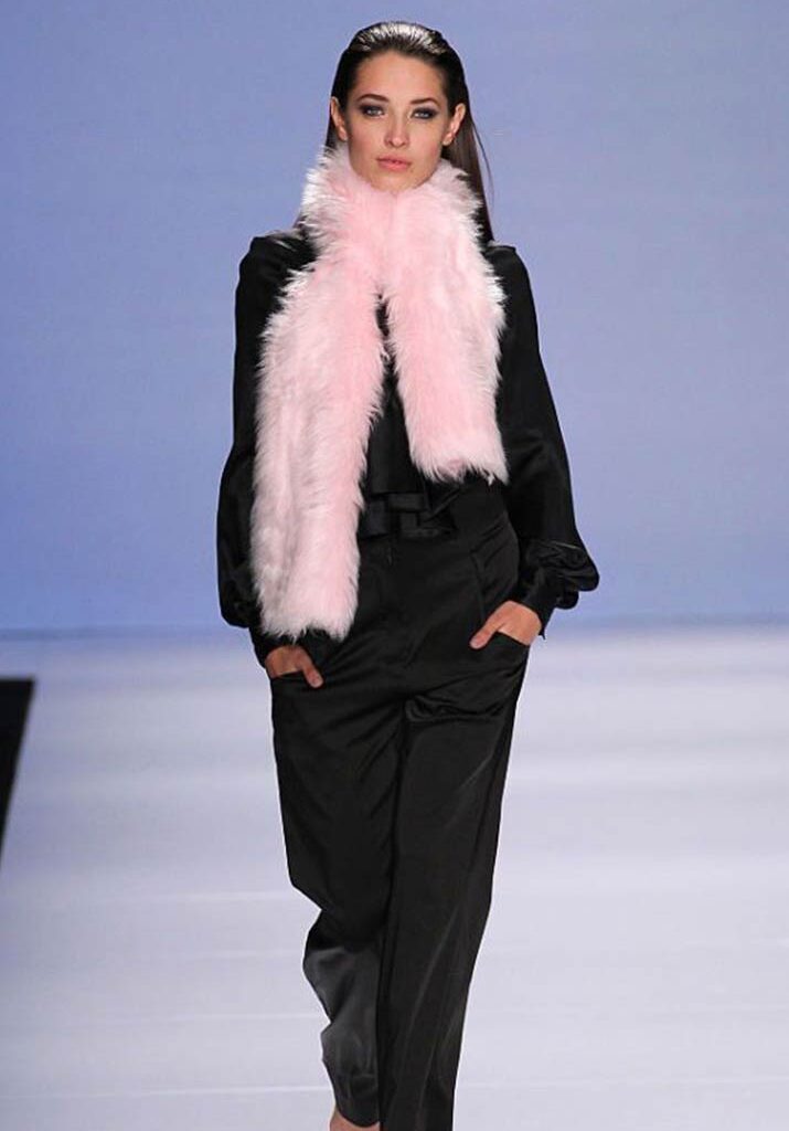 Soft Pink Faux Fur Scarf Meets Tailored Black
