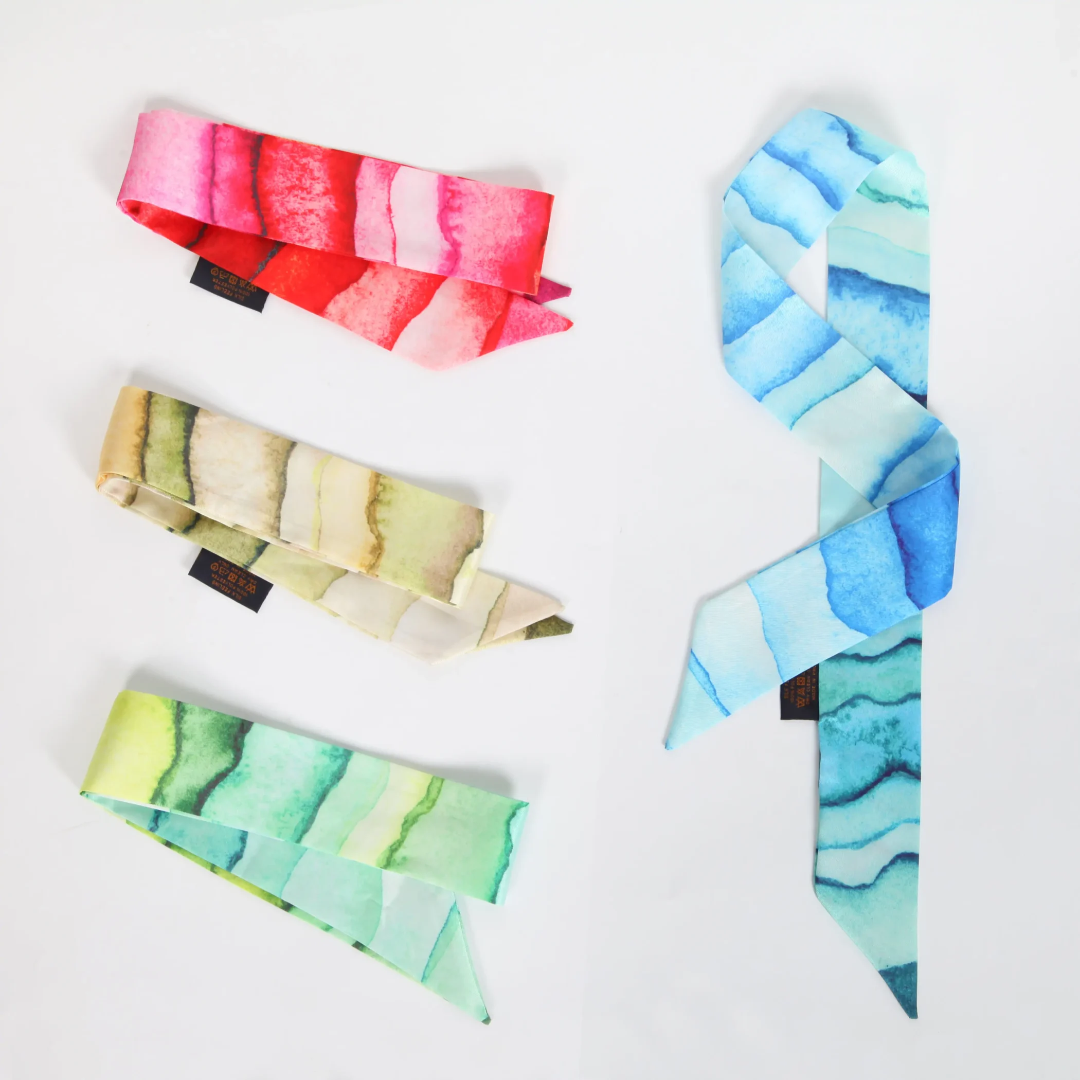 Abstract Watercolor Wave Print Silk Twilly Scarf Ribbon 2 Abstract Watercolor Wave Print Silk Twilly Scarf Ribbon - Image 2