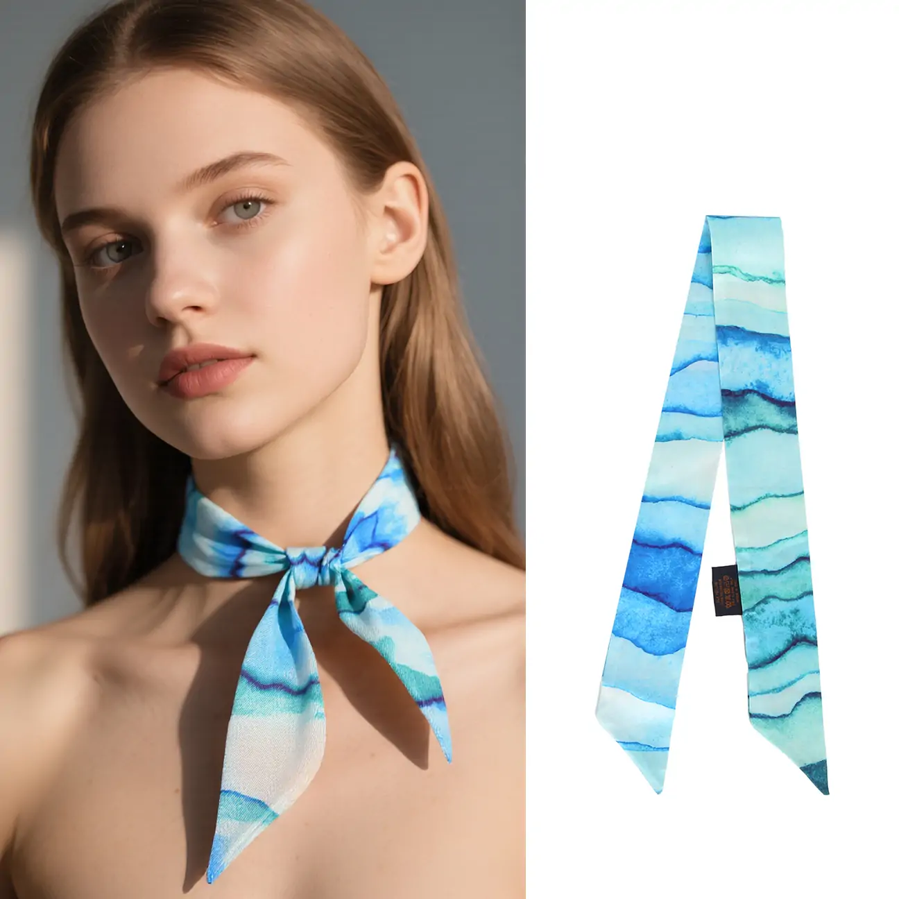 Abstract Watercolor Wave Print Silk Twilly Scarf Ribbon 1 Abstract Watercolor Wave Print Silk Twilly Scarf Ribbon