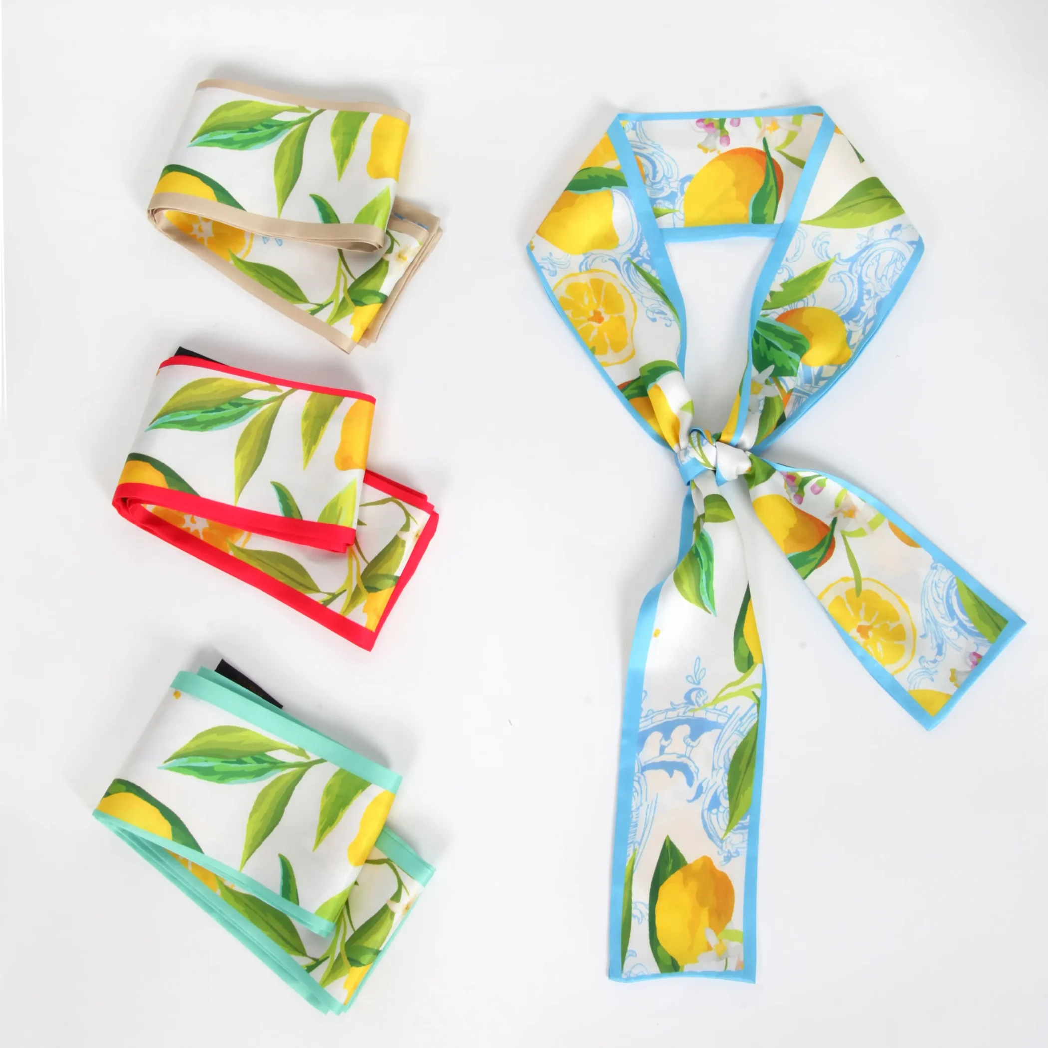 Italian Style Lemon Print Silk Twilly Scarf with Porcelain Pattern 2 Italian Style Lemon Print Silk Twilly Scarf with Porcelain Pattern with a mint-green contrast piping