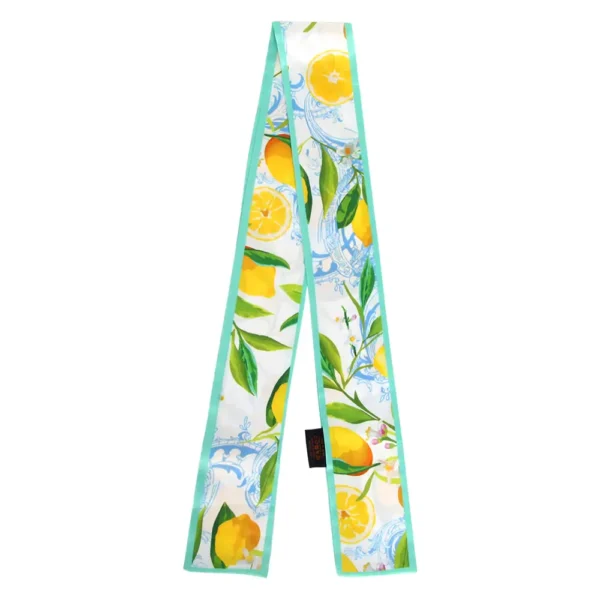 Italian Style Lemon Print Silk Twilly Scarf with Porcelain Pattern with a mint-green contrast piping