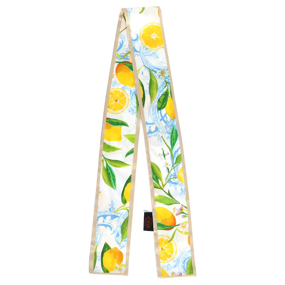 Italian Style Lemon Print Silk Twilly Scarf with Porcelain Pattern 5 Italian Style Lemon Print Silk Twilly Scarf with Porcelain Pattern with a beige contrast piping
