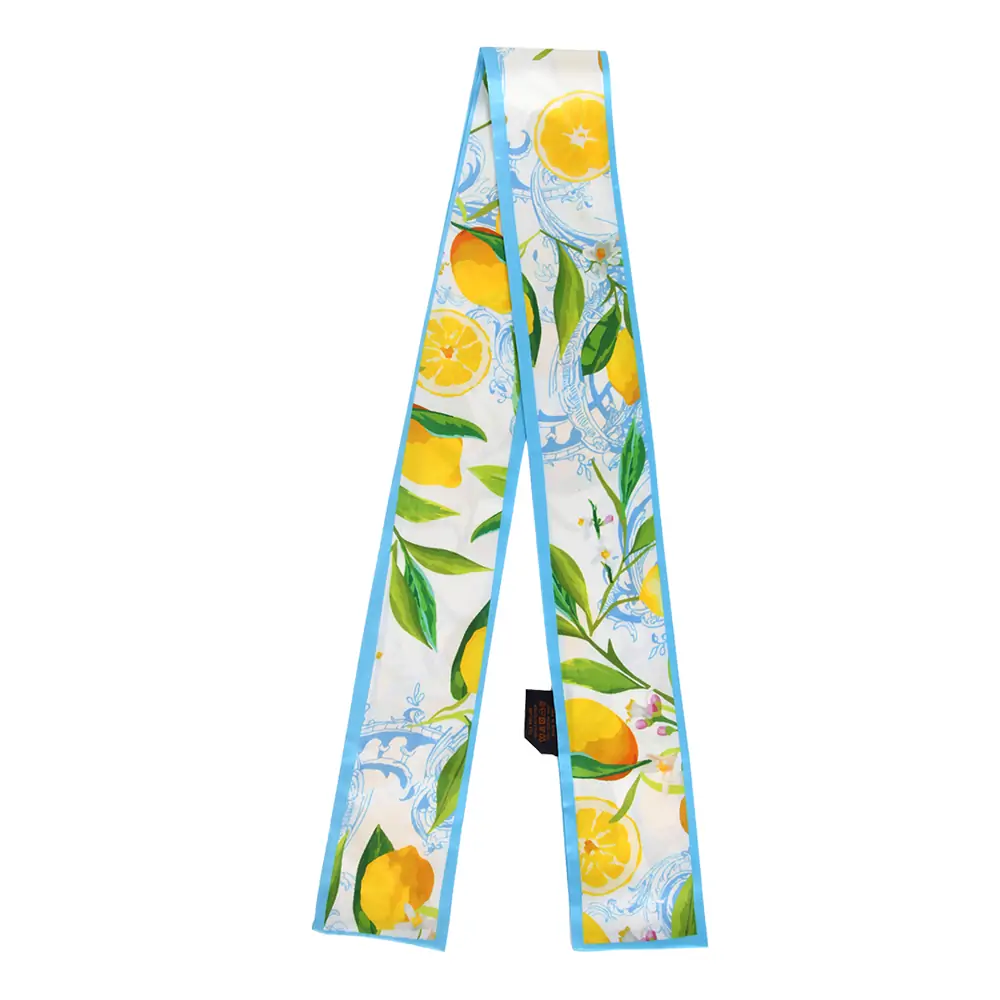 Italian Style Lemon Print Silk Twilly Scarf with Porcelain Pattern 4 Italian Style Lemon Print Silk Twilly Scarf with Porcelain Pattern with a blue contrast piping