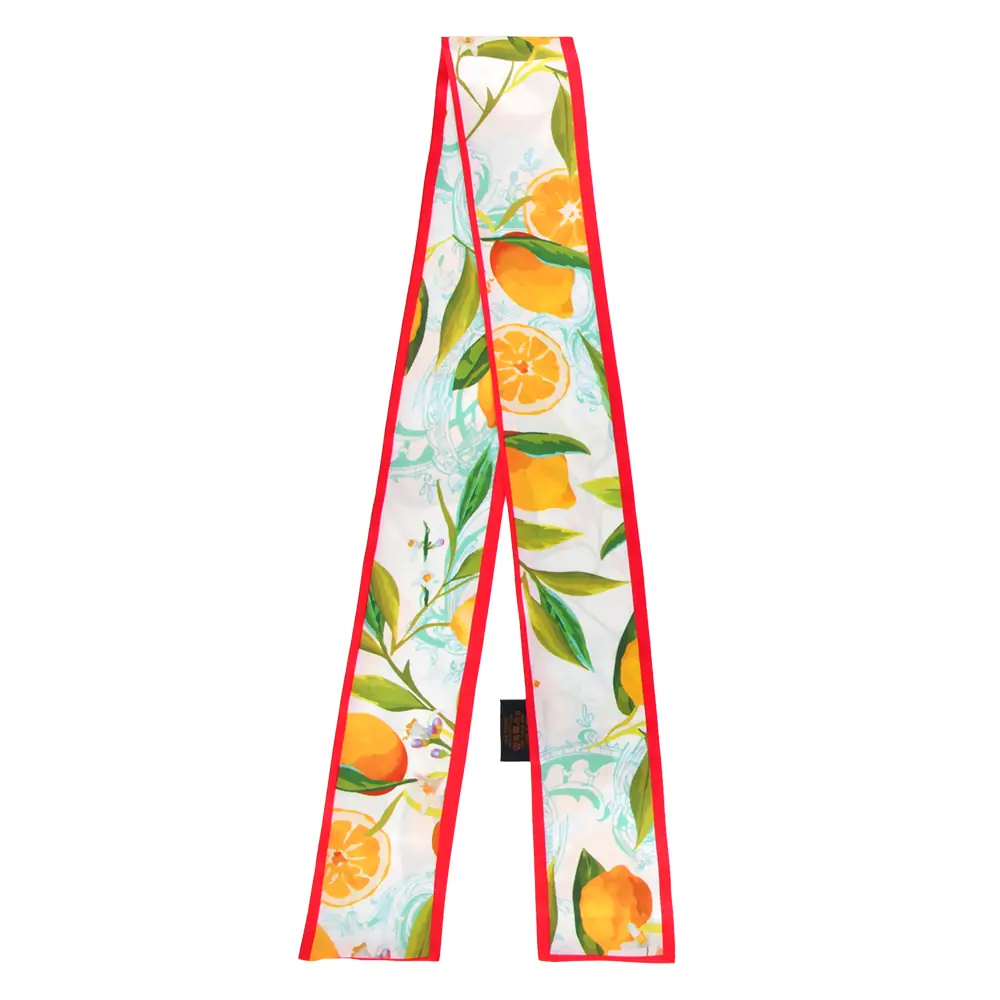 Italian Style Lemon Print Silk Twilly Scarf with Porcelain Pattern 3 Italian Style Lemon Print Silk Twilly Scarf with Porcelain Pattern with a red contrast piping