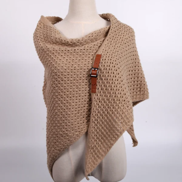 Openwork Knit Triangle Shawl with Leather Buckle